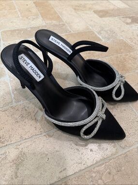 Steve Madden Black Slingback Heels with Crystal Bow Trim